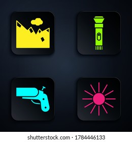 Ponga sol, montañas, pistola de armas Flare y linterna. Botón cuadrado negro. Vector