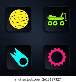 Set Sun, Planet Venus, Comet falling down fast and Mars rover. Black square button. Vector