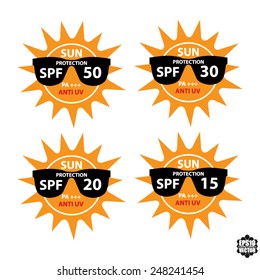 Establezca Protección Sun Con Anti-UV, SPF 15, 20, 30, 50 PA    Icono De Sol Y Gafas De Sol Negras Aislado En Fondo Blanco. - Ilustración vectorial.