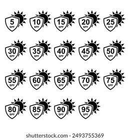 Set of Sun protection factor icon, uv radiation block symbol, sun protect skin vector illustration .