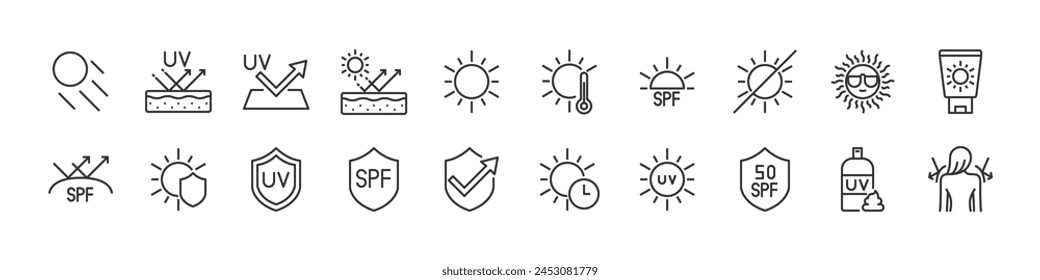 set of sun protection icons, skin, sunscreen,  uv, summer