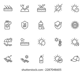 set of sun protection icons, sunscreen, sunburn, summer