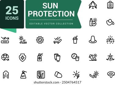 Set of sun protection line icons. Related to sunscreen, ultraviolet, sunglasses. Pixel perfect, minimalistic web and UI icon. Outline icon collections.
