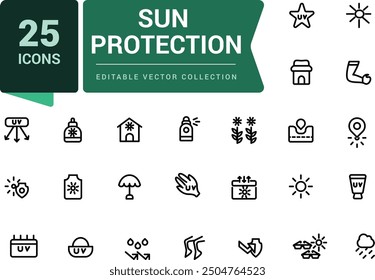 Set of sun protection line icons. Related to sunscreen, ultraviolet, sunglasses. Pixel perfect, minimalistic web and UI icon. Outline icon collections.