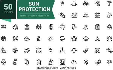 Set of sun protection line icons. Related to sunscreen, ultraviolet, sunglasses. Pixel perfect, minimalistic web and UI icon. Outline icon collections.