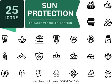 Set of sun protection line icons. Related to sunscreen, ultraviolet, sunglasses. Pixel perfect, minimalistic web and UI icon. Outline icon collections.