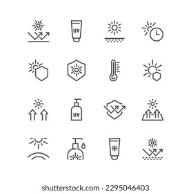 Set of sun protection related icons, sunscreen, uv rays exposure time and linear variety vectors.