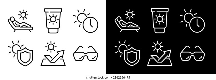 Set von Vektorliniensymbolen zum Schutz der Sonne. Enthält Symbole wie Sonnenschutzcreme, Sonnenbrillen, UV-Strahlen Belichtung Zeit und mehr. Bearbeitbarer Stroke. Perfektes Symbol