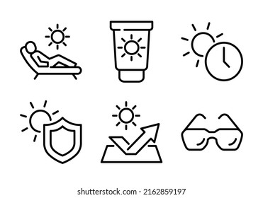Set of Sun Protection Related Vector Line Icons. Contains such Icons as Sunscreen, Sunglasses, UV rays exposure time and more. Editable Stroke. Perfect Icon