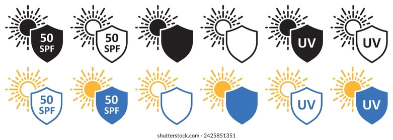 Set of sun protection shield icons. Protection from sun radiation and ultraviolet, SPF 50, vector.