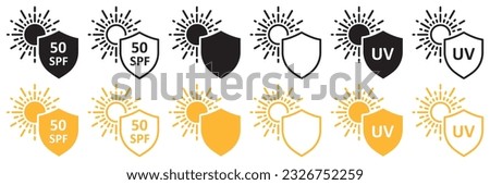 Set of sun protection shield icons. Protection from sun radiation and ultraviolet, SPF 50, UV. Sun block, radiation, shield and sun. Damaging effects of ultraviolet light exposure for people skin. 