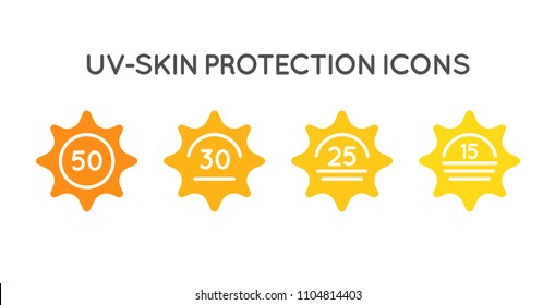 Set Of Sun Protection UV Index, SPF 50, SPF 30, 25, 15 Vector Icons Collection.