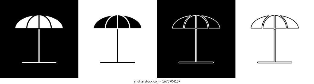 Set Sun protective umbrella for beach icon isolated on black and white background. Large parasol for outdoor space. Beach umbrella.  Vector Illustration
