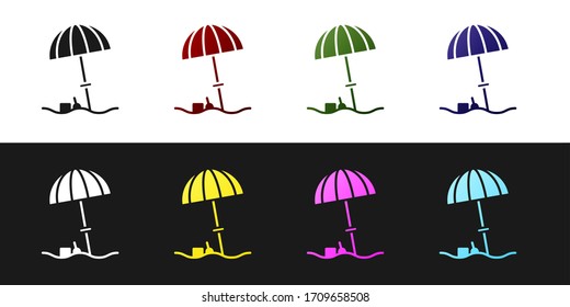 Set Sun protective umbrella for beach icon isolated on black and white background. Large parasol for outdoor space. Beach umbrella. Vector Illustration