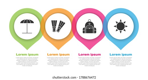 Set Sun protective umbrella for beach, Rubber flippers, Hiking backpack and Sun. Business infographic template. Vector