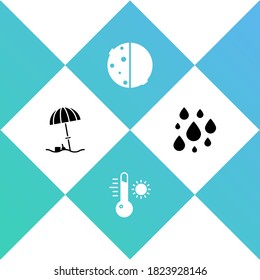 Sonnenschutzschirm für Strand, Thermometer für Meteorologie, Sonnenschutz und Wassertropfen Ikone. Vektorgrafik.
