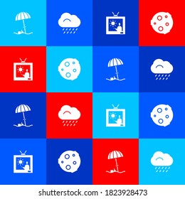 Set Sun protective umbrella for beach, Cloud with rain, Weather forecast and Moon icon. Vector.