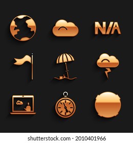 Set Sun protective umbrella for beach, Compass, Moon, Storm, Weather forecast, Meteorology windsock wind vane, Not applicable and Earth globe icon. Vector