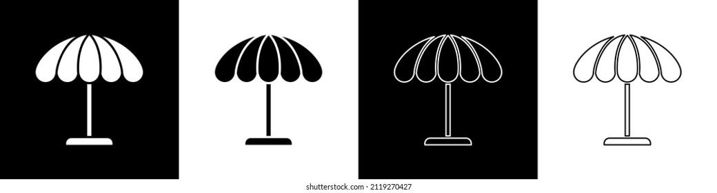 Set Sun protective umbrella for beach icon isolated on black and white background. Large parasol for outdoor space. Beach umbrella.  Vector Illustration