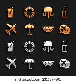 Set Sun protective umbrella for beach, Suitcase, Speech bubble with airplane, Watermelon, Plane, Jellyfish, Cocktail and alcohol drink and Lifebuoy icon. Vector