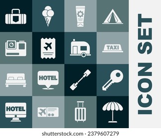 Set Sun protective umbrella for beach, Key, Taxi car roof, Sunscreen cream in tube, Airline ticket, Action extreme camera, Suitcase and Rv Camping trailer icon. Vector