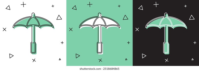 Set Sun protective umbrella for beach icon isolated on white and green, black background. Large parasol for outdoor space. Beach umbrella.  Vector