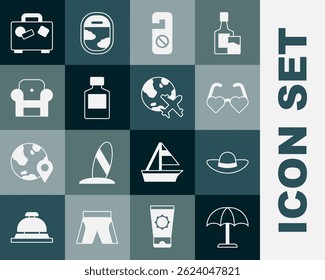 Set Sun protective umbrella, Elegant women hat, Heart shaped love glasses, Please do not disturb, Whiskey bottle, Armchair, Suitcase and Globe with flying plane icon. Vector
