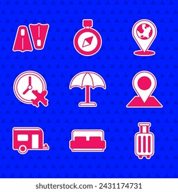 Set Sun protective umbrella, Hotel room bed, Suitcase, Location, Rv Camping trailer, Clock with airplane, the globe and Rubber flippers for swimming icon. Vector