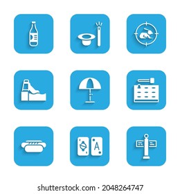 Set Sun protective umbrella, Tarot cards, Road traffic signpost, Arcade game machine, Hotdog, Water slide, Hunt on rabbit with crosshairs and Bottle of water icon. Vector