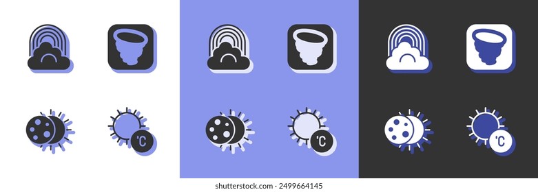 Set Sun, Rainbow with cloud, Eclipse of the sun and Tornado icon. Vector