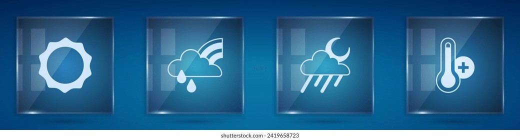Set Sun, Rainbow with cloud and rain, Cloud moon and Meteorology thermometer. Square glass panels. Vector