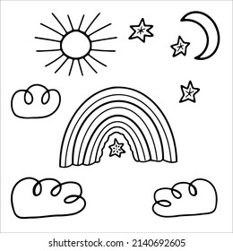 A set of the sun, rainbow, clouds, moon and stars in doodle style for various types of decoration, postcards, stickers. Vector illustration.