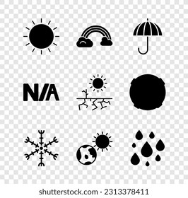 Poner sol, arcoiris con nubes, paraguas, copo de nieve, globo terrestre y sol, gota de agua, no aplicable e icono de sequía. Vector