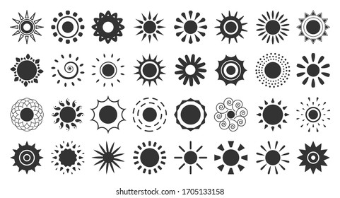 Set of sun with ray black icon. Simple glyph silhouette sign warm summer morning. Logo design template for meteorology web app. Isolated on white vector illustration