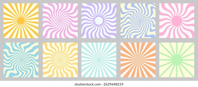 Set Of Sun Rays Beams Vector Patterns. Collection Of Sunshine Groovy Retro Backgrounds. Funky Vintage Summer Textures.