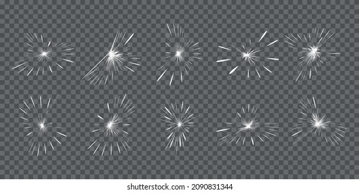 Set of sun rays and starbursts. Abstract white beam glow explosion and shine light effect sunshine isolated on transparent background. Vector illustration