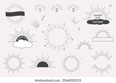 Set of sun rays, sunburst stylish decorative titles, frames