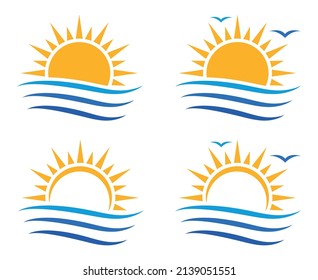 Set of sun and sea logotypes. Sunset icon, island and sea beach. Sun and sea wave symbol. Vector illustration.