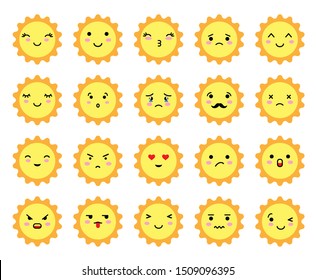Set of sun shaped emoji with different mood. Kawaii cute sun emoticons and Japanese anime emoji faces expressions.