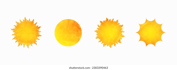 Conjunto de formas de sol en el estilo acuarela. Sol de verano caliente. Textura acuarela, color rojo anaranjado de la puesta de sol, amanecer. Ilustración vectorial aislada en fondo blanco.