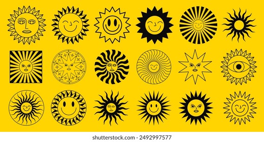 Set Of Sun Shine Icon Signs. Vector Summer Sunshine Emoji Graphic Element.