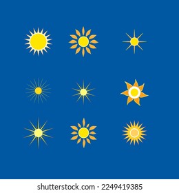 The set sun sign on blue background. Orange solar mark. Bright, sunny icon good mood. Isolated logo spring, summer. Symbol hot, warm, sunlight and good weather. Flat vector image. Vector illustration.