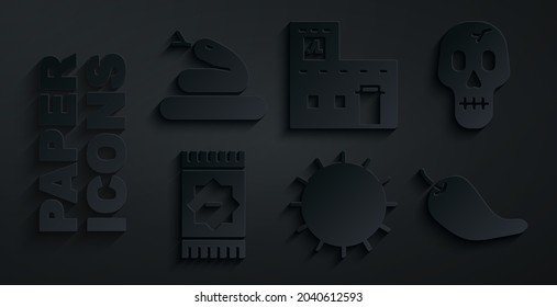 Set Sun, Skull, Mexican carpet, Hot chili pepper pod, house and Snake icon. Vector