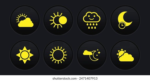 Sol, Luna durmiente, Nube con estrellas, lluvia, Eclipse solar, Clima nublado e ícono. Vector