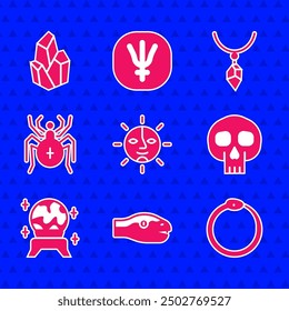 Set Sun, Snake, Ouroboros, Skull, Magic ball, Spider, Necklace with crystal and stone icon. Vector