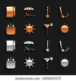 Set Sun, Snorkel, Martini glass, Cooler bag and water, Meteorology thermometer, Towel on hanger and Sunbed umbrella icon. Vector