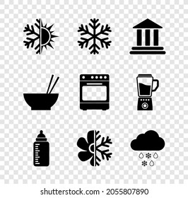 Set Sun and snowflake, Snowflake, Bank building, Baby bottle, Air conditioner and Cloud with rain icon. Vector