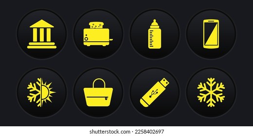 Set Sun and snowflake, Smartphone, mobile phone, Handbag, USB flash drive, Baby bottle and Toaster with toasts icon. Vector