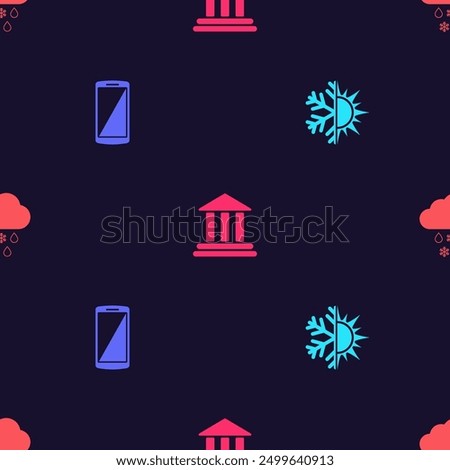 Set Sun and snowflake, Smartphone, mobile phone, Bank building and Cloud with rain on seamless pattern. Vector