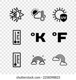 Set Sun and snowflake, Thermometer cloud, sun, UV protection, Meteorology thermometer, Rainbow with clouds,  and Kelvin icon. Vector